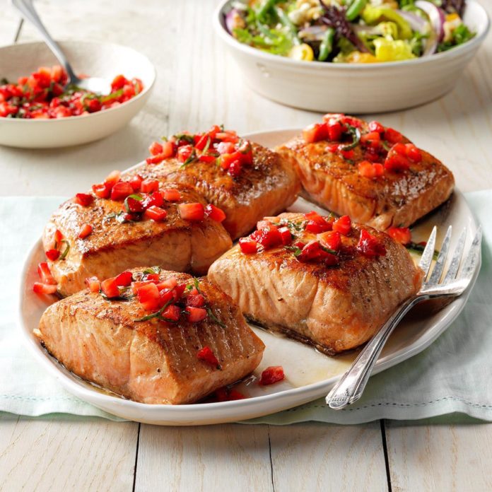 Seared Salmon with Strawberry Basil Relish Lavender Honey
